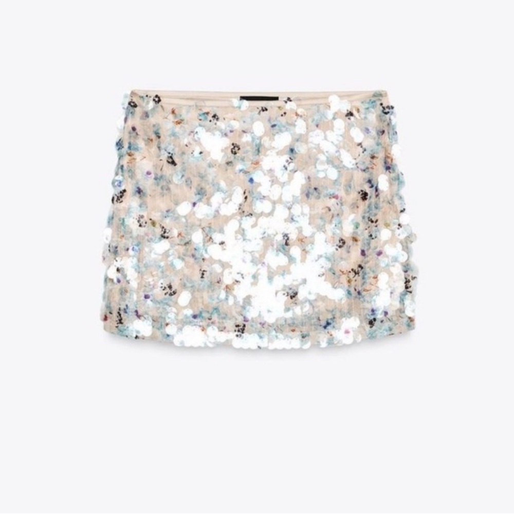 NWT Zara Sequin Mini Skirt Ecru / Blue